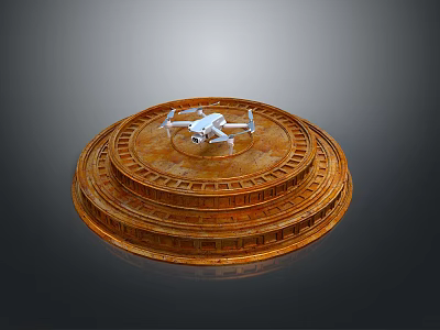 White Drone Placed On Brown Circular Stepped Structure With Layered Design 3d model