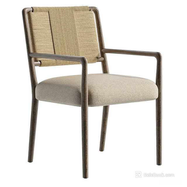 Modern Minimalist Dining Chair With Wooden Frame Fabric Upholstered Seat and Armrest Design 3d model 