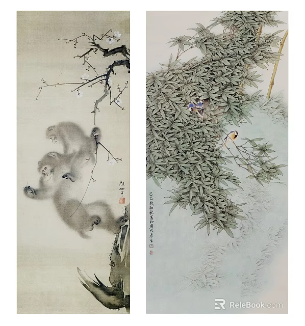 Classic Traditional Chinese Paintings with Plum Blossom Monkeys Bamboo and Bird 3d model 