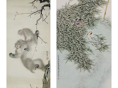 Classic Traditional Chinese Paintings with Plum Blossom Monkeys Bamboo and Bird 3d model