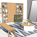 Green Sofa And White Round Coffee Table Set With Wooden Bookshelf Plants And Geometric Rug