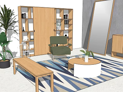 Green Sofa And White Round Coffee Table Set With Wooden Bookshelf Plants And Geometric Rug 3d model