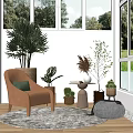 Velvet Armchair In Bright Living Space With Green Plants Round Rug And Small Table