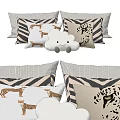 Beige Bedding With Giraffe Zebra Patterns Striped Pillows And Cloud Shaped Plush Toy 3d model