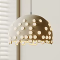 White Dome Pendant Light with Circular Holes Shining Through Light Colored Wall and Blinds