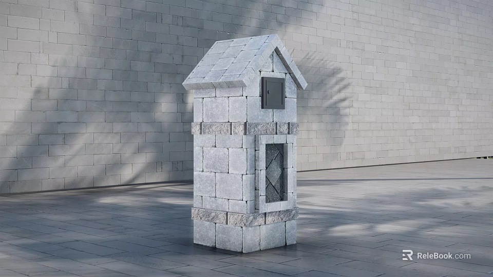 Commercial Small House Shaped Outdoor Equipment Made Of Gray Stone Blocks For Storage 3d model 