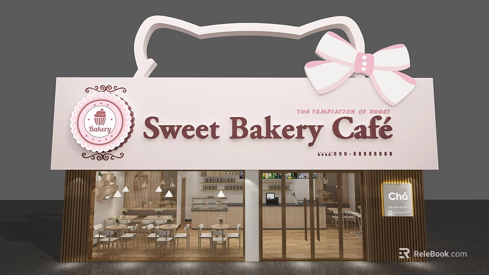 Happy Sweet Bakery Café Shopfront with Pink Bow Cake Logo and Interior Tables Chairs 3d model 