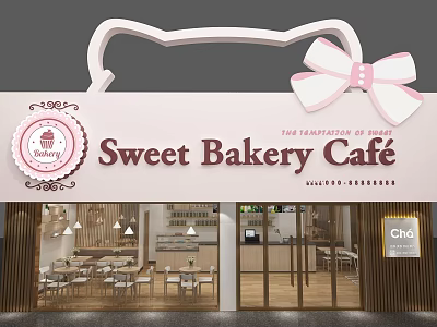 Happy Sweet Bakery Café Shopfront with Pink Bow Cake Logo and Interior Tables Chairs 3d model