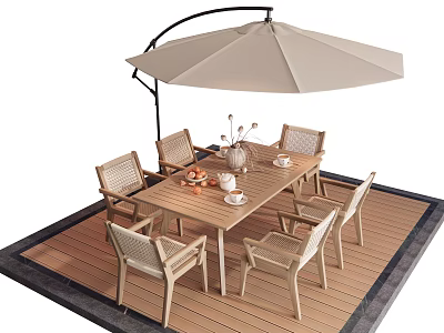 Stylish Outdoor Table With Six Chairs Umbrella Decorative Vase And Fruit Plate On Wooden Deck 3d model