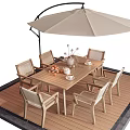 Stylish Outdoor Table With Six Chairs Umbrella Decorative Vase And Fruit Plate On Wooden Deck