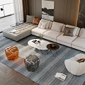 Modern Beige L shaped Sofa and Coffee Table Set with White Marble Top and Glass Stools