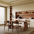 Modern Restaurant Interior With Wooden Dining Table Chairs And Window Blinds 3d model