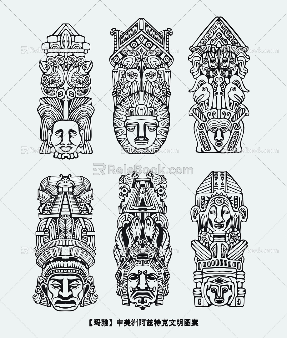 Maya culture art mask Aztec civilization retro Mesoamerican totem decorative pattern 3d model