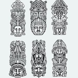 Maya culture art mask Aztec civilization retro Mesoamerican totem decorative pattern 3d model