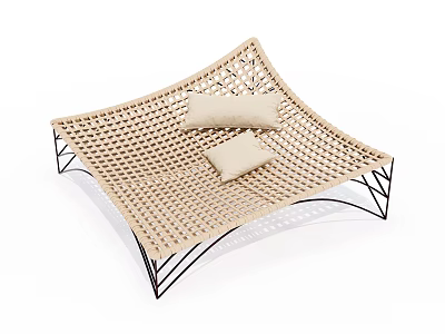Woven Beige Lounge Chair With Two Cushions And Black Metal Frame 3d model