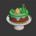 Festive Christmas Cake With White Frosting Red Base And Green Tree Decorations On Stand