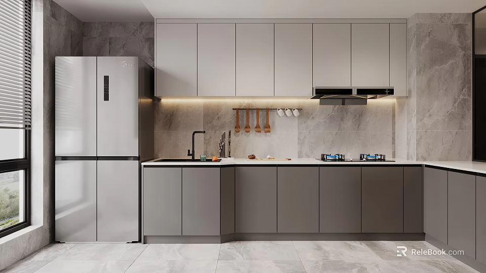Modern Kitchen With Grey Cabinets Stainless Steel Refrigerator Marble Countertop Range Hood And Hanging Utensils 3d model 