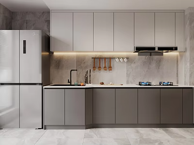 Modern Kitchen With Grey Cabinets Stainless Steel Refrigerator Marble Countertop Range Hood And Hanging Utensils 3d model