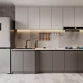 Modern Kitchen With Grey Cabinets Stainless Steel Refrigerator Marble Countertop Range Hood And Hanging Utensils