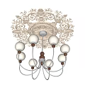 Ornate Vintage Chandelier With Intricate Carved Ceiling Design Glass Shades Metal Arms For Interior Lighting