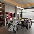 Elegant Modern Restaurant Kitchen Interior With Marble Countertop Wine Shelves And Dining Chairs