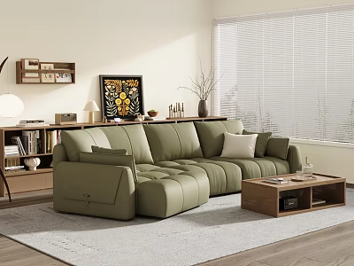 Olive Green Leather Sectional Sofa in Modern Living Room with Wooden Coffee Table 3d model