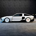 White Modified Sports Car Featuring Wide Body Rear Spoiler White Wheels In Empty Indoor Space