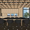 Modern Conference Room With Wooden Ceiling Recessed Lights Large Table Black Chairs And City View