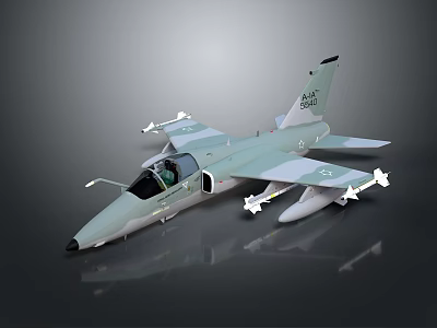 Light Green And White Military Jet Model With Weapons Attached Numbered Tail On Dark Surface 3d model
