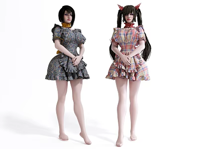 Two Female Figures With Different Hairstyles Wearing Patterned Dresses Red Scarves Ruffled Skirts Standing Barefoot 3d model