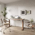 Modern Wooden Office Desk With Laptop Office Chair Potted Plant And Framed Artworks By Window