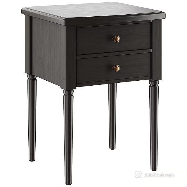 Black Bedside Table With Two Drawers Gold Knobs And Tapered Legs 3d model 