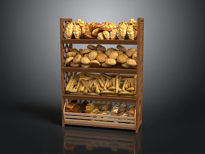 Wooden Multi Tiered Bread Rack with Shelves Displaying Various Baked Goods 3d model