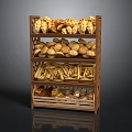 Wooden Multi Tiered Bread Rack with Shelves Displaying Various Baked Goods