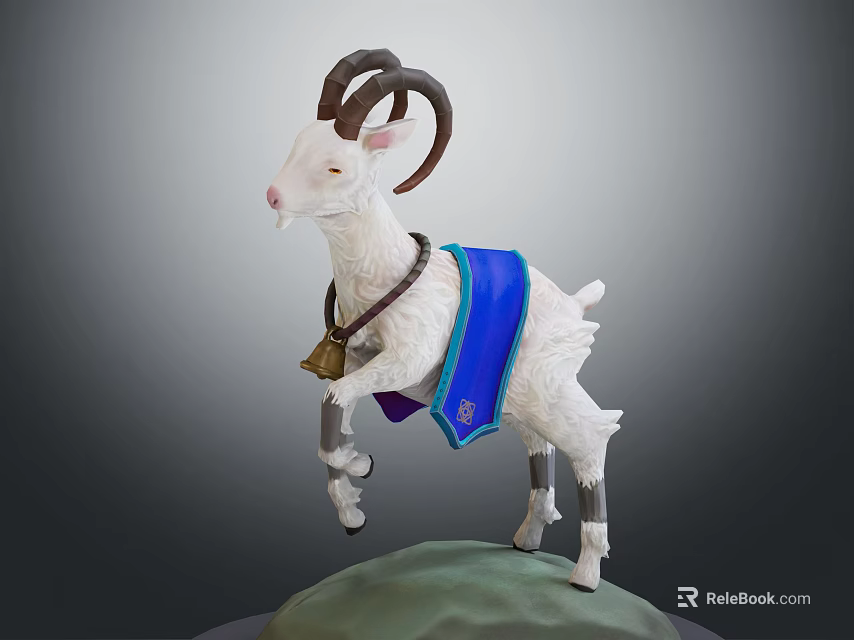 White Goat With Curved Horns Bell Collar And Blue Cloth On Green Base 3d model 