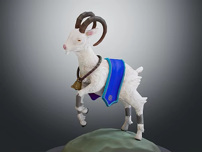 White Goat With Curved Horns Bell Collar And Blue Cloth On Green Base 3d model