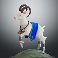 White Goat With Curved Horns Bell Collar And Blue Cloth On Green Base