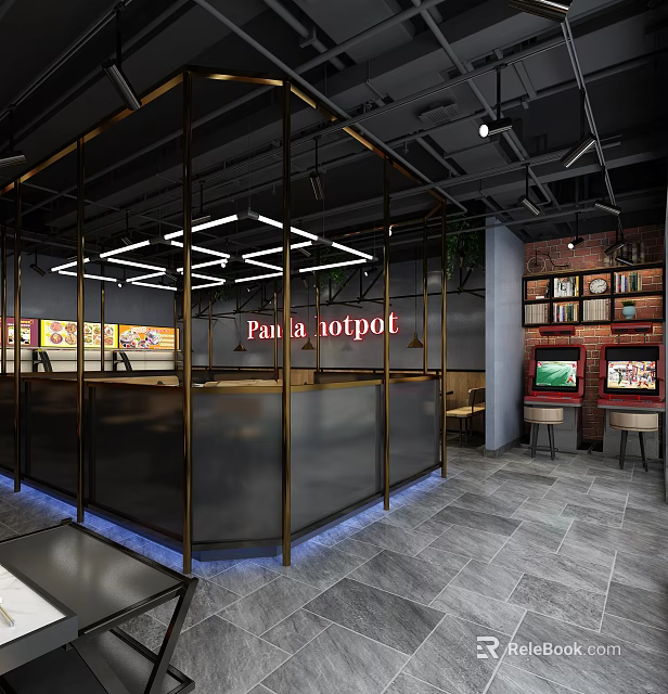 Modern Hotpot Restaurant Interior With Metal Frame Lighting Counter Brick Wall And Green Plants 3d model 
