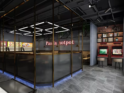 Modern Hotpot Restaurant Interior With Metal Frame Lighting Counter Brick Wall And Green Plants 3d model