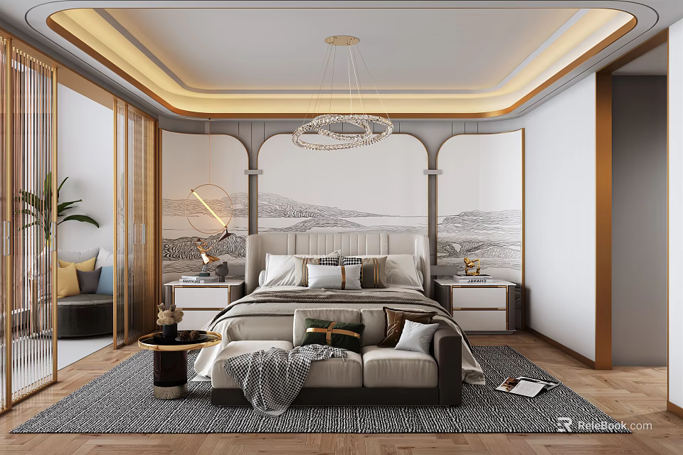 Luxurious Modern Bedroom Interior With Chandelier Bed Pillows Nightstands Rug And Wall Art 3d model 