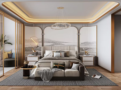 Luxurious Modern Bedroom Interior With Chandelier Bed Pillows Nightstands Rug And Wall Art 3d model