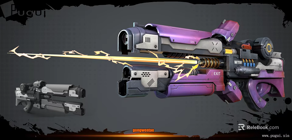 Sci Fi Style Purple And Gray Weapon Firing Yellow Beam With Other Weapons Displayed 3d model 