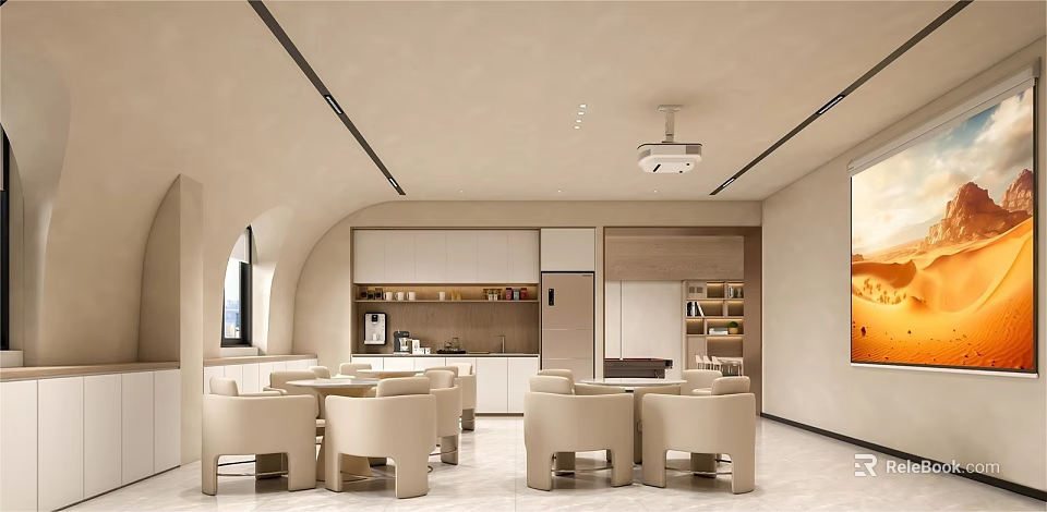 Modern Café Interior With Beige Seats Curved Walls And Open Bar Counter 3d model 
