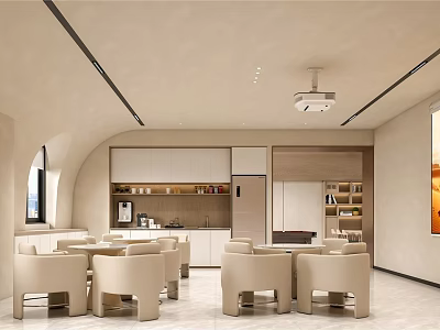 Modern Café Interior With Beige Seats Curved Walls And Open Bar Counter 3d model