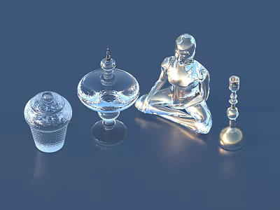 Elegant Home Decor Household Items Including Transparent Glass Jars Silver Figure and Golden Candle Holder 3d model