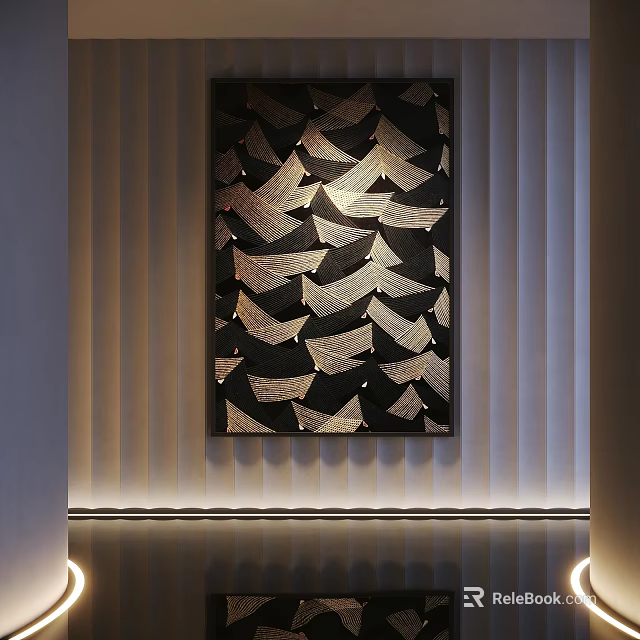 Abstract Black And Gold Decorative Artwork On Vertical Striped Wall With Lighting Strip 3d model 
