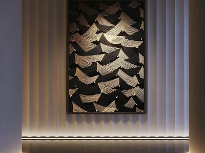 Abstract Black And Gold Decorative Artwork On Vertical Striped Wall With Lighting Strip 3d model