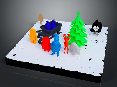 Snowy Winter Landscape With Green Christmas Tree And Colorful Figures On White Snow 3d model
