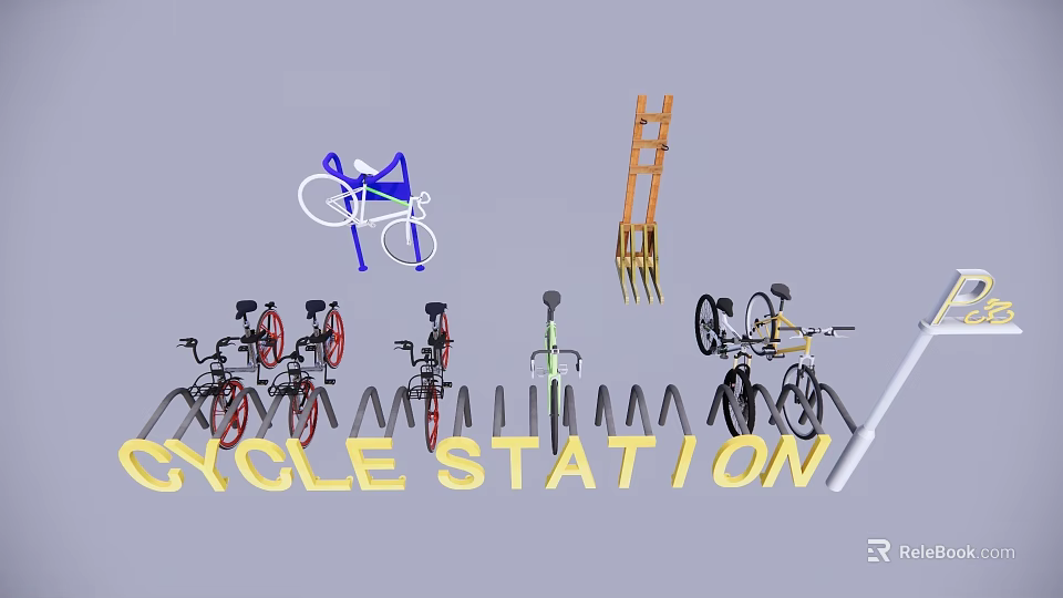 Bicycle Station With Various Types Of Bicycles And Secure Parking Racks 3d model 