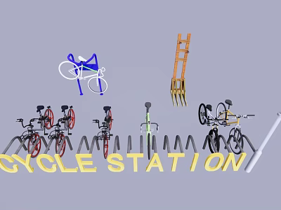 Bicycle Station With Various Types Of Bicycles And Secure Parking Racks 3d model